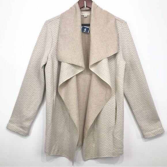 Adrienne Vittadini Tan Cream Herringbone Knit Open Front Long Cardigan Sweater - Picture 1 of 14